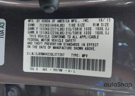 2013 Honda Cr-V Lx из США, поврежденный, VIN 5J6RM4H33DL077297
